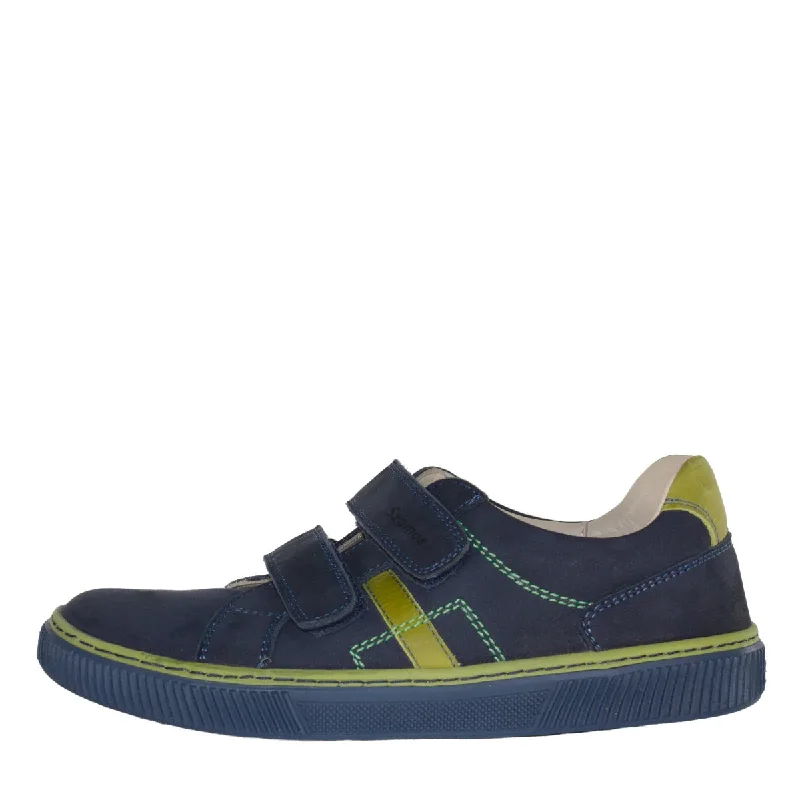 Szamos Kid Boy Sneakers In Dark Blue And Neon Green Color With Double Velcro Strap - Made In Europe